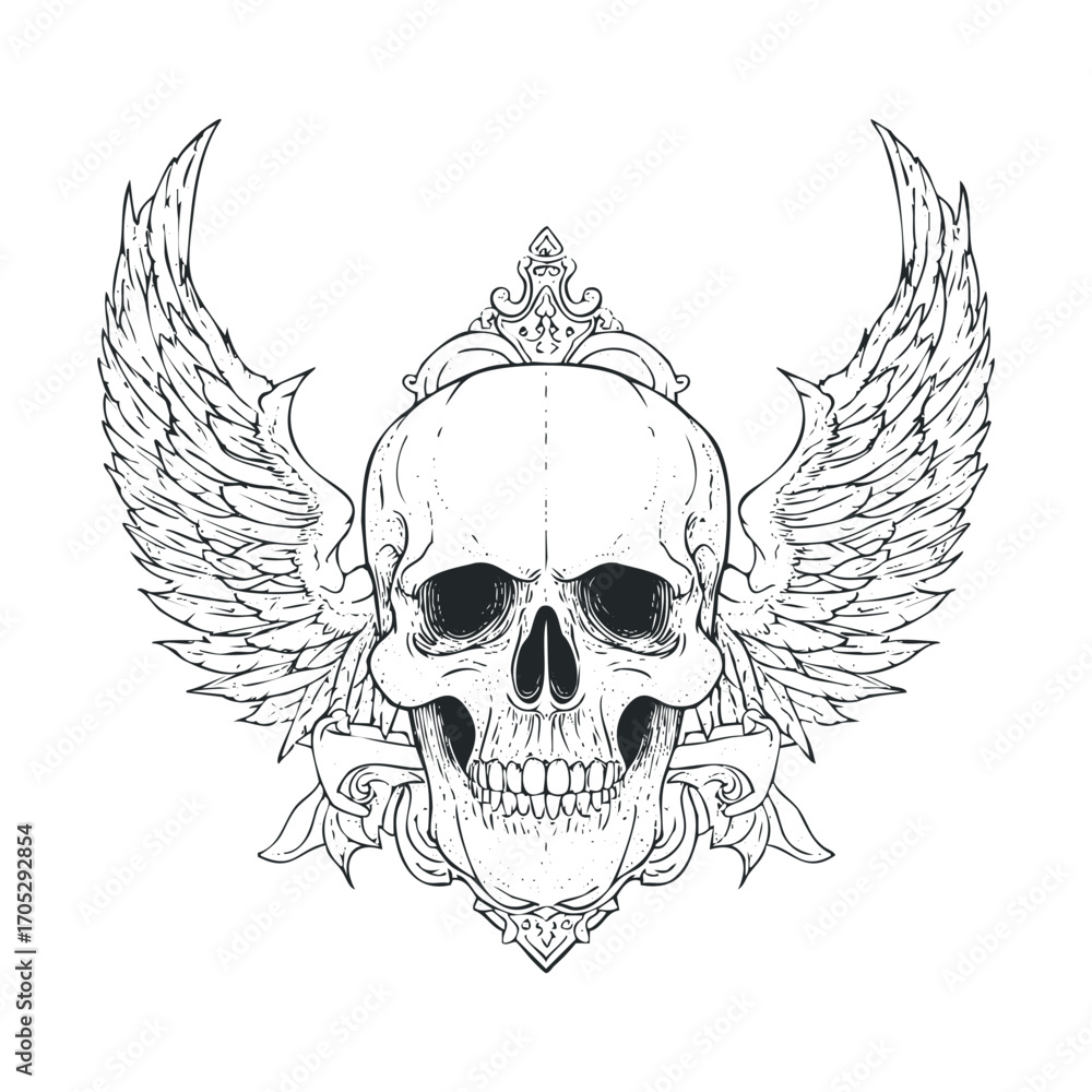 Fototapeta premium A winged skull with a crown and decorative border.