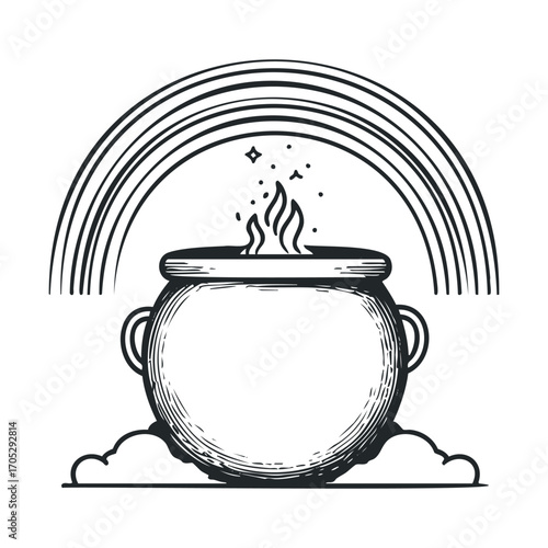 A cauldron with fire and sparks beneath a rainbow.