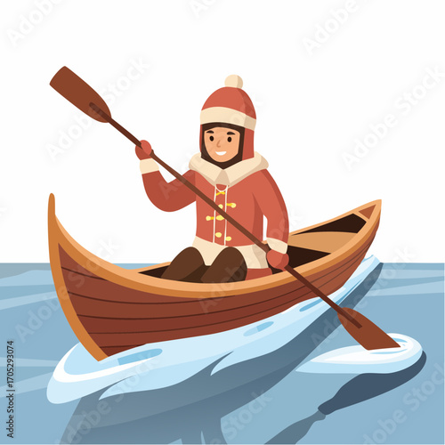 Cheerful character traditional Inuit person paddling a narrow kayak  through an icy arctic landscape on an adventurous journey