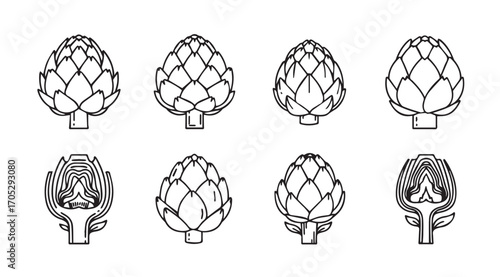 Collection of eight detailed artichoke silhouettes in a grid layout
