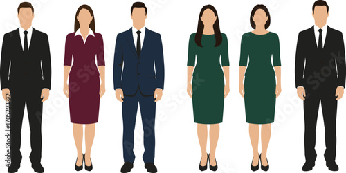 Group of professional business men and women standing in formal suits and dresses, confident team, corporate staff, diverse office employees.