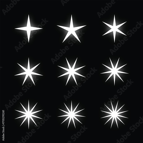 Set of white star icon and shadow with black background for decoration
