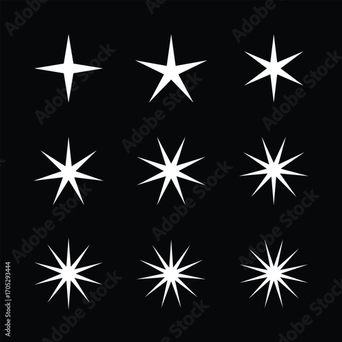 Set of white star icon with black background for decoration
