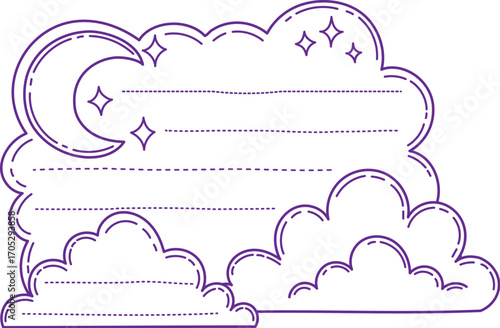 Moon in night sky kids memo note frame. Child To Do list memo note vector frame, daily schedule cloud outline template. Kids diary, scrapbook checklist coloring page with crescent, cloud and star