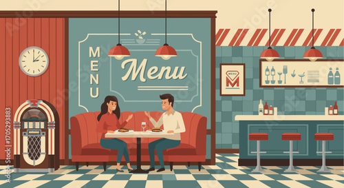 Charming vintage illustration of a couple on a dinner date, surrounded by retro decor in a classic American diner