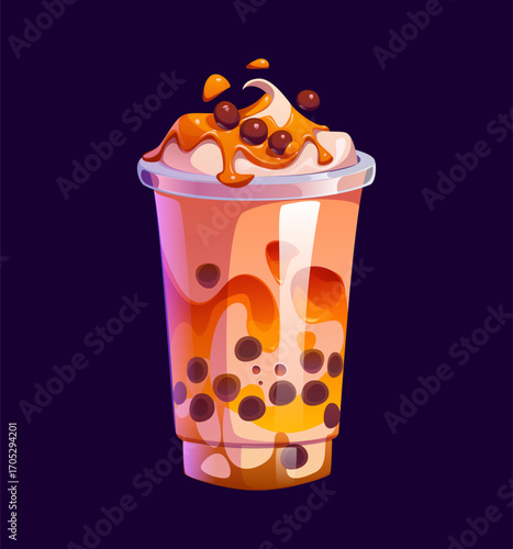 Fast food caramel milk bubble tea drink glass. Takeaway cafe dessert drink, smoothie cartoon vector cup, milk boba beverage. Sweet bubble tea glass with whipped cream and caramel syrup or topping