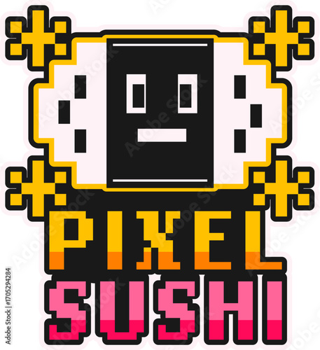 Japanese seafood pixel sushi retro Y2K sticker or symbol. Asian menu dish Y2K tag, Japan seafood meal 60s 70s vector sticker. Japanese cuisine gourmet label with sushi roll pixelated character