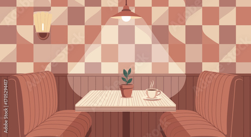 Vintage Diner Corner Cozy Booth with Coffee and Checkered Wall
