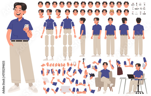 Happy asian man character. Set of hands legs body and head positions for creating animations and your own illustrations. DIY kit