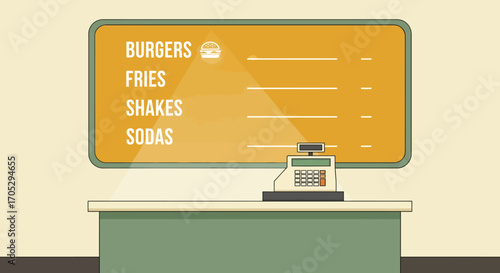Retro diner counter with a vintage menu board displaying classic fast-food items like burgers, fries, shakes, and sodas, capturing the nostalgic essence of old-school eateries