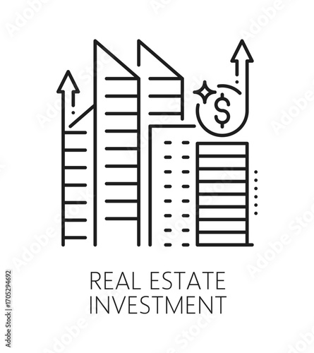 Investment real estate, business line icon or emblem. Finance investor linear vector pictogram, real estate investment startup sign. Capital management company symbol or icon with skyscraper buildings