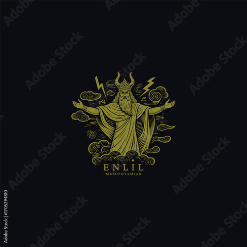 A powerful and majestic white engraving of Enlil, the Mesopotamian god of wind, air, earth, and storms. Vector template illustration