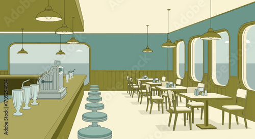 A classic vintage restaurant interior illustration, capturing the timeless aesthetic of an old-fashioned American diner concept