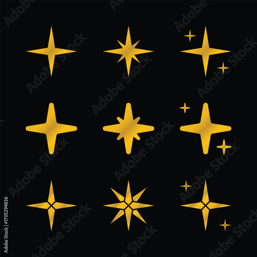 Set of gold star with black background for decorative