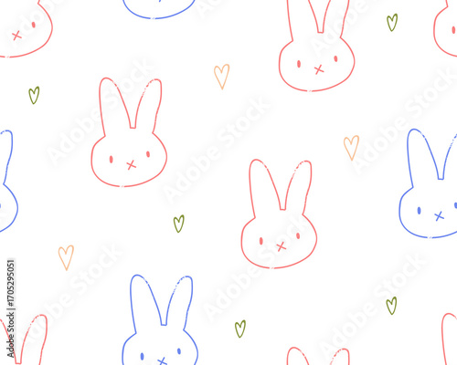 Bunny, seamless kids pattern. Cute rabbits with long ears and hearts, children scribble drawings, endless background design. Repeating print, sketch animals, baby hare. Flat vector illustration
