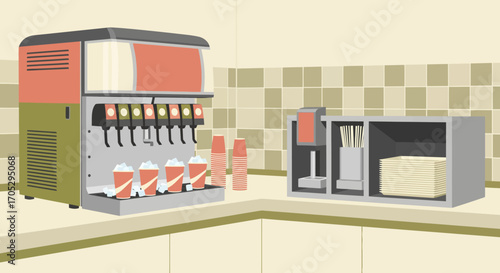 A detailed illustration of a self-service soda fountain machine in a vintage retro diner setting