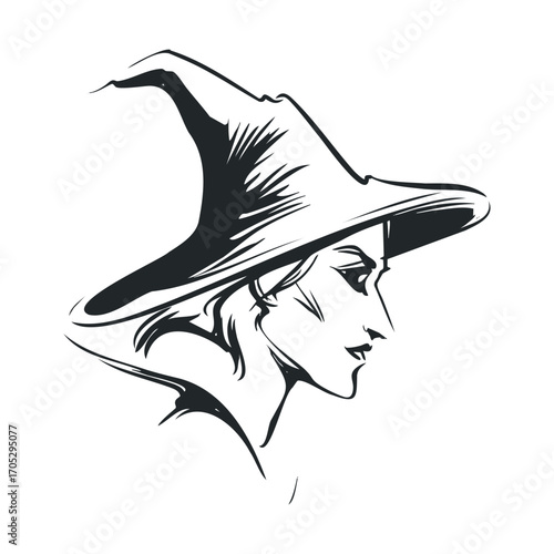 A side profile of a person wearing a pointy witch's hat.