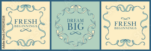 Elegant square templates with ribbon frames and inspirational statement. Vintage blue and cream designs, ideal for invitations, banners, and romantic notes