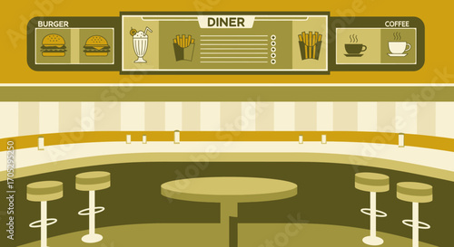 A stylized vector illustration of an empty vintage American diner with a counter, stools, and a classic food menu board