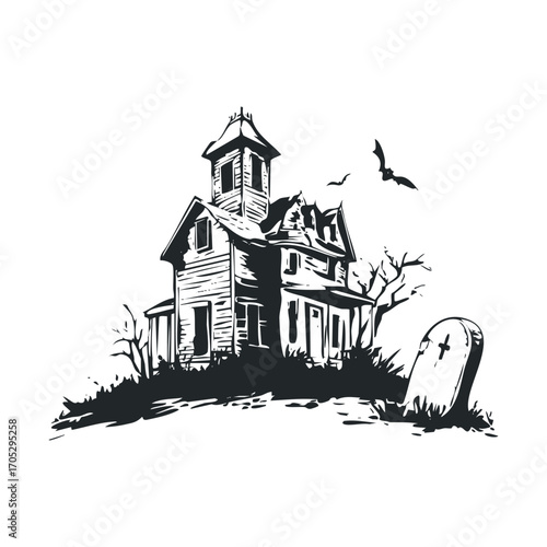 A haunted house on a hill with a gravestone and a bat.