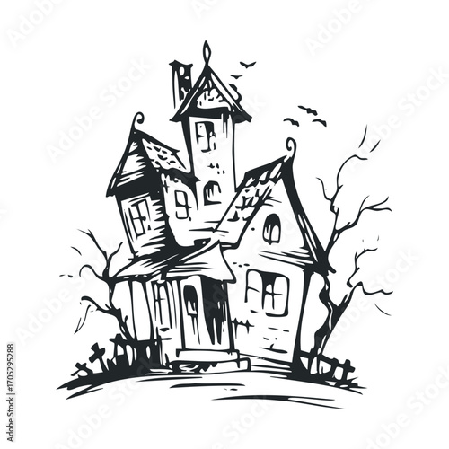 A creepy, dilapidated, crooked haunted house on a hill.