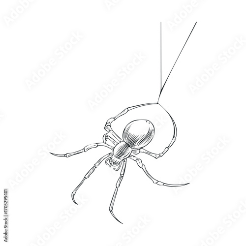  A hand-drawn sketch of a spider on a thread.