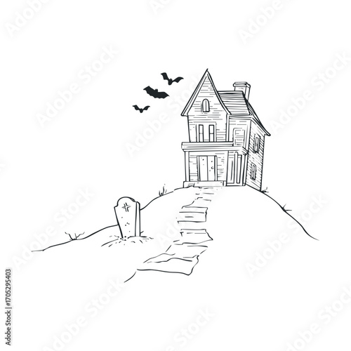 A sketch of a haunted house on a hill with bats.