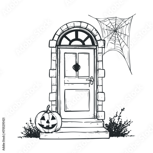 A spooky front door with a pumpkin and cobweb.