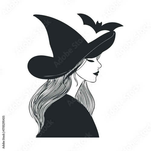  A profile silhouette of a woman in a witch hat with a bat.