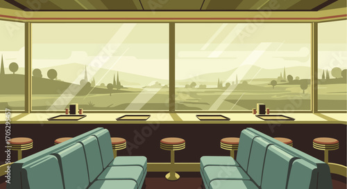 Vintage diner booth view of a serene landscape, evoking a sense of nostalgic comfort and relaxed travel