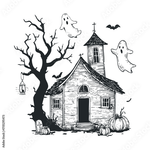 A haunted chapel with ghosts, bats, and pumpkins.