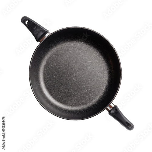 Dark, round frying pan, top view