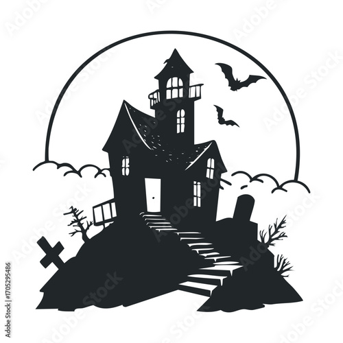A silhouette of a haunted house on a hill with bats.