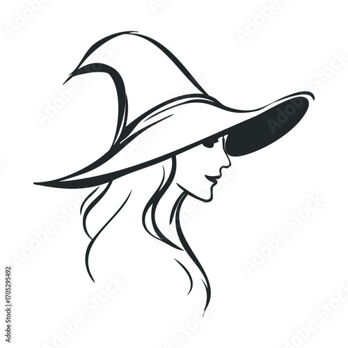 A sketch of a woman wearing a large, pointed hat.