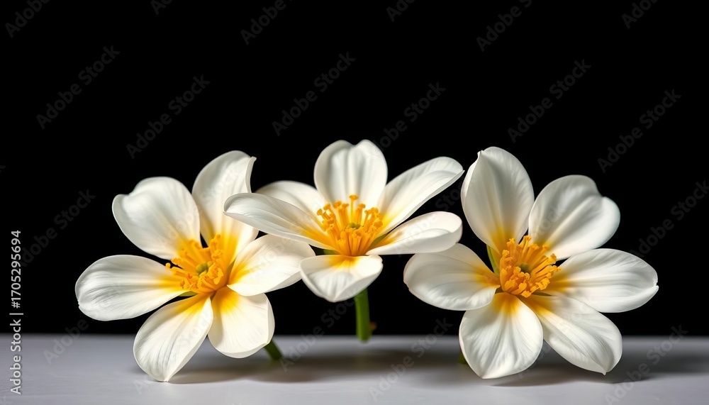 Obraz premium Three pristine white blossoms, sunny yellow centers, stark black backdrop, background image, pistil