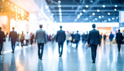 Blurred businesspeople in a large convention hall