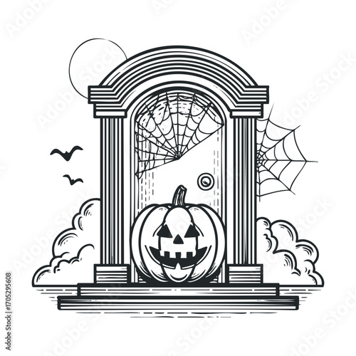 A Halloween scene of a spooky porch with a pumpkin.
