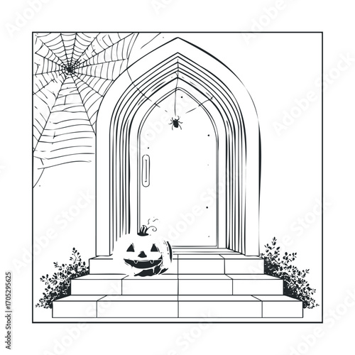 A spooky Halloween porch with a pumpkin and a spider web.
