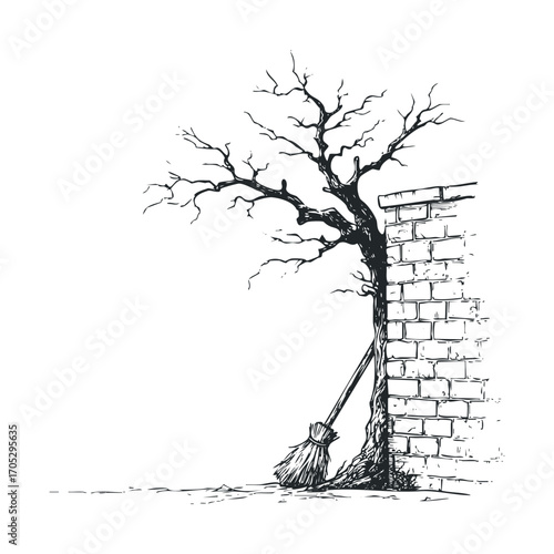 A spooky tree and two brooms leaning on a brick wall.