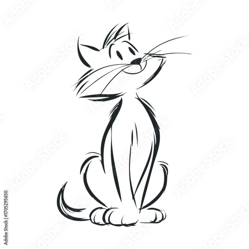 A cute hand-drawn cat with a long tail and whiskers.
