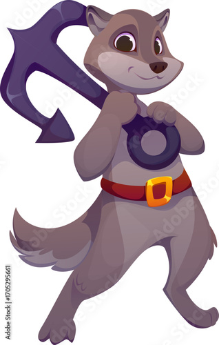 Cartoon raccoon animal pirate character. Isolated vector corsair personage confidently holding a large anchor over the shoulder, wearing a belt with gold buckle, radiating mischief and nautical spirit