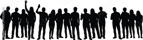Large group of diverse young people standing together, raising hands, using smartphones, silhouette crowd vector on white background