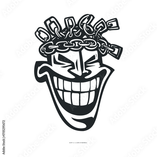 A maniacally grinning face with a chain on its head.