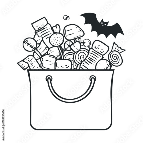  A trick or treat bag overflowing with candy and a bat.