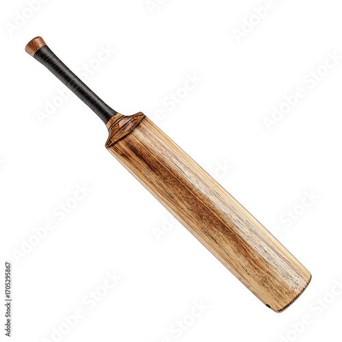 Wooden cricket bat, long and slender, light brown wood grain, dark handle