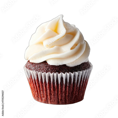 Creamy vanilla frosting atop rich chocolate cupcake
