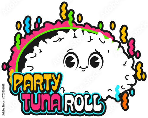 Japan food tuna sushi roll vintage Y2K sticker or patch. Asian menu dish Y2K tag, Japanese cuisine meal vector sticker. Japan seafood gourmet label with sushi roll cute character and party confetti