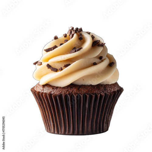Single chocolate cupcake with light beige frosting and chocolate sprinkles