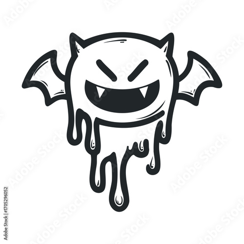 A cute and creepy flying ghost with fangs and wings.