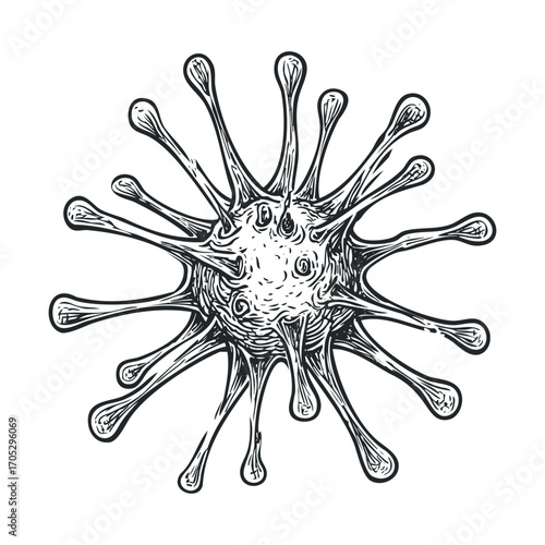 A microscopic virus with spiky arms, hand-drawn.